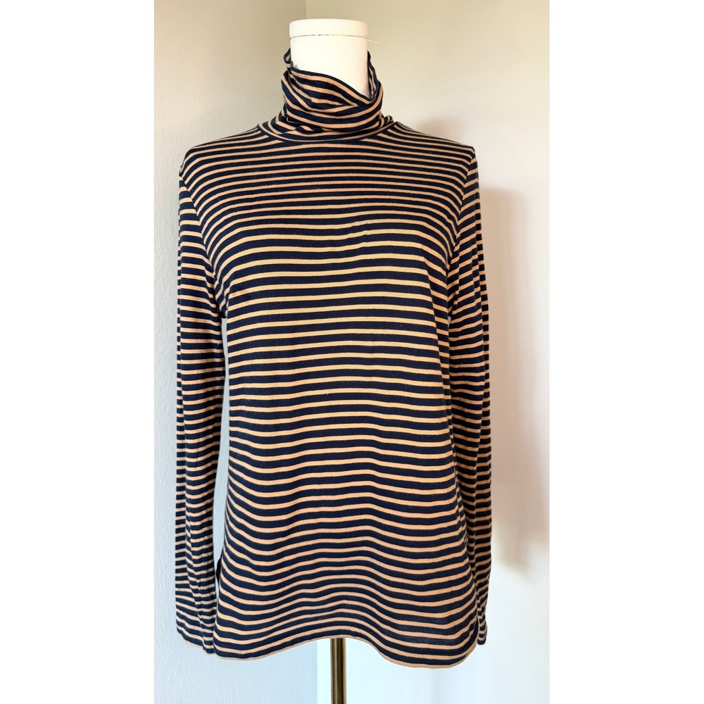 J.Crew Re-Imagined Navy Camel Striped Turtleneck Top L 100% Cotton - Picture 2 of 9